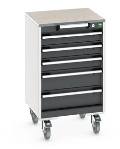 cubio mobile cabinet with 5 drawers & lino worktop. WxDxH: 525x525x890mm. RAL 7035/5010 or selected Bott Mobile Storage Cabinet Drawer Trolleys 525mm x 525mm